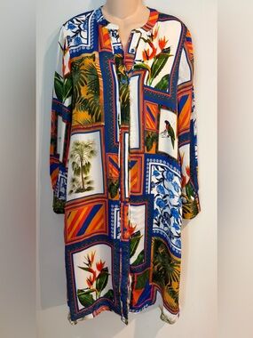 ECRU Long Sleeve Abstract Tropical Parrot Patchwork Print Midi Dress size S